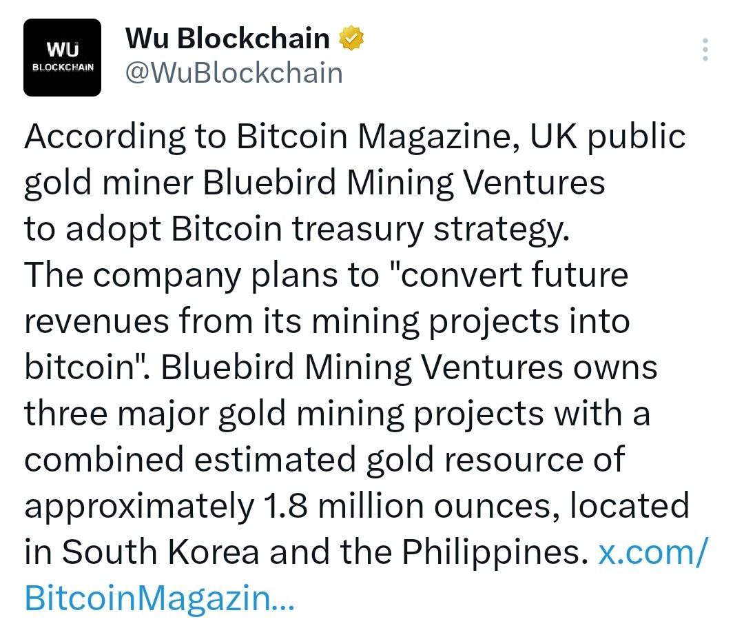 По данным Bitcoin Magazine, британская публичная золотодобывающая компания Bluebird Mining Ventures переходит на стратегию биткоин-казначейства. Компания планирует "конвертировать будущие доходы от своих проектов в биткоины" Bluebird Mining Ventures владеет тремя крупными золотодобывающими проектами с суммарными ресурсами золота в размере около 1,8 миллиона унций, расположенными в Южной Корее и на Филиппинах. - поддерживайте канал реакцией - подписывайтесь на Крипто Твиты