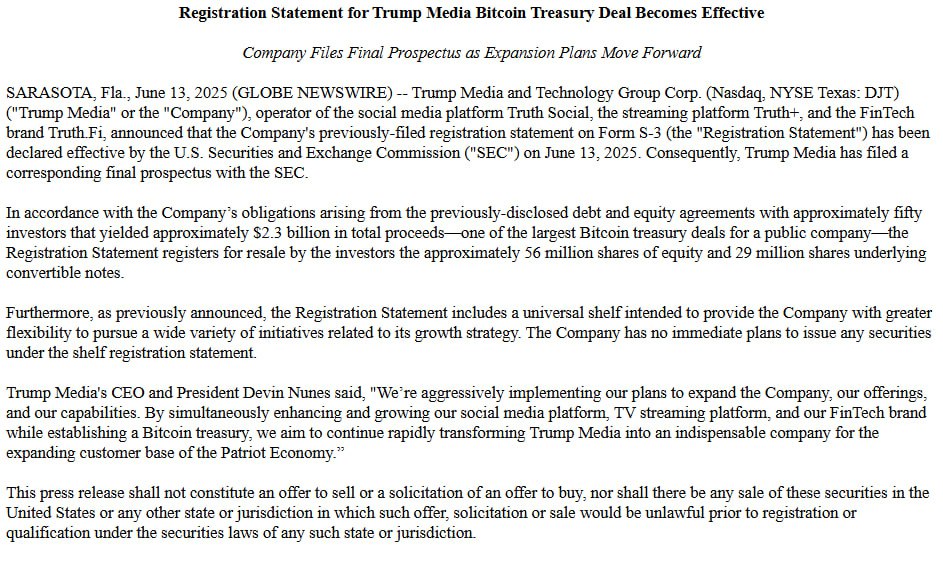 Trump Media получила одобрение SEC на инвестиции в биткоин Компания Trump Media and Technology Group контролируется Дональдом Трампом объявила о согласовании с SEC плана по инвестированию $2,3 млрд в биткоины. Средства были привлечены от 50 институциональных инвесторов. Ключевые моменты: — Объём и сроки закупки BTC не раскрываются, компания будет действовать по своему усмотрению — Одобрена "универсальная полка" для дополнительного привлечения до $12 млрд — 84,7 млн акций ранних инвесторов стали доступны для продажи 50% публичного размещения Решение позволяет Trump Media стать одной из первых публичных компаний с крупными биткоин-резервами.