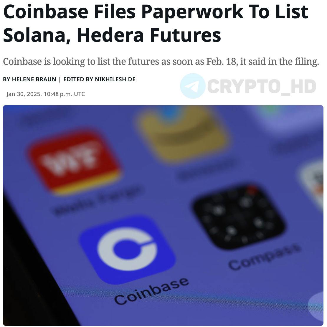 Биржа Coinbase подала документы в CFTC на листинг регулируемых в США фьючерсов на #SOL и #HBAR 18 февраля – coindesk  Crypto Headlines