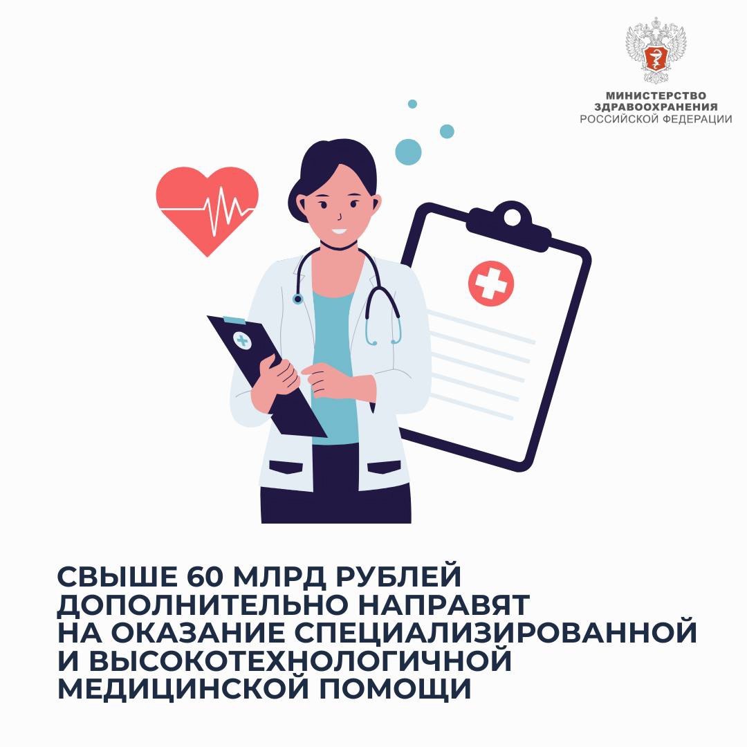 Свыше 60 млрд рублей дополнительно направят на оказание специализированной и высокотехнологичной медицинской помощи Об этом рассказал председатель Правительства РФ Михаил Мишустин   Он отметил что дополнительные средства позволят сохранить для граждан доступность специализированной и высокотехнологичной бесплатной медицинской помощи в федеральных медучреждениях в рамках базовой программы ОМС Речь идет об оказании медицинской помощи с использованием передовых подходов и уникальных методов лечения применяемых в сердечно сосудистой хирургии нейрохирургии трансплантации органов травматологии ортопедии офтальмологии онкологии Всего в текущем году на эти цели предусмотрено 310 млрд рублей Подписывайтесь на Минздрав России в МАХ