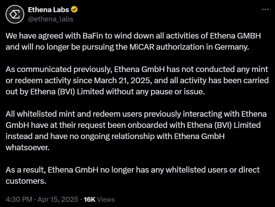 ‼ Ethena Labs прекращает деятельность в Германии и отказывается от получения лицензии MiCAR  Все функции переведены в Ethena  BVI  Limited.