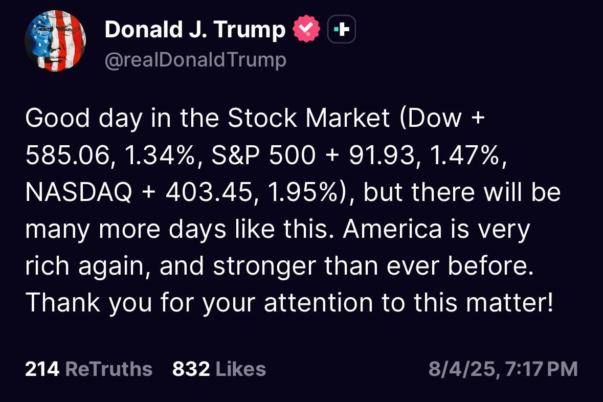 Трамп снова советует покупать акции, обещая еще больше дней с ростом капитализации фондового рынка США на $1 трлн    А можно и про BTC такой же постик от Дональда