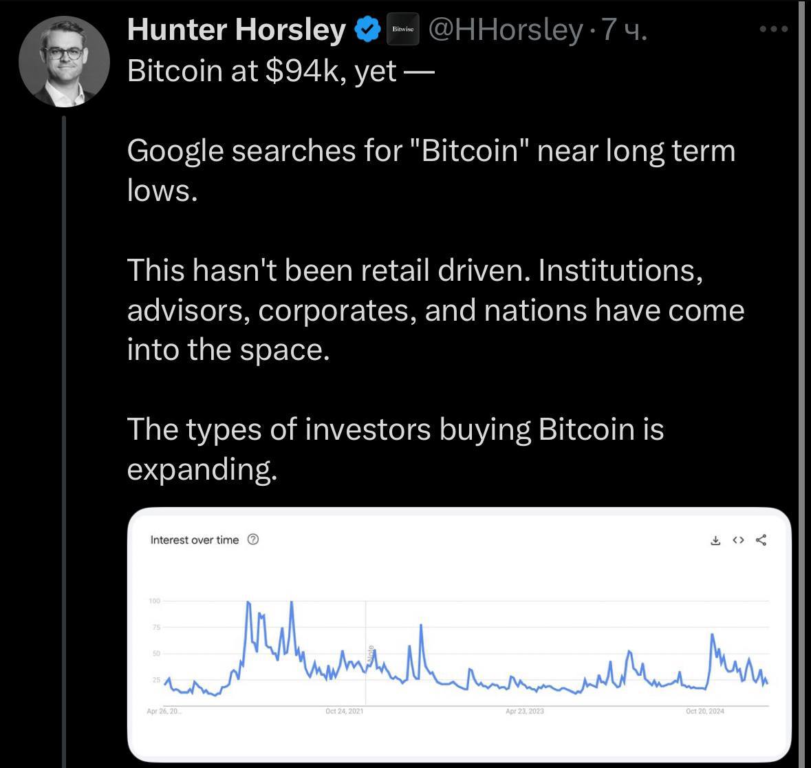 Биткоин торгуется на уровне $94 000, а шума почти нет. Интерес к биткоину в Google — на минимальных уровнях за последние годы. Но это не значит, что на рынок никто не пришёл. Просто сейчас за рост отвечают не толпы обычных инвесторов, а крупные игроки: фонды, корпорации, консультанты и даже целые государства. Биткоин привлекает всё более серьёзных инвесторов. И это меняет правила игры. Пересылайте своим друзьям, еще больше полезного у нас в канале подписаться!