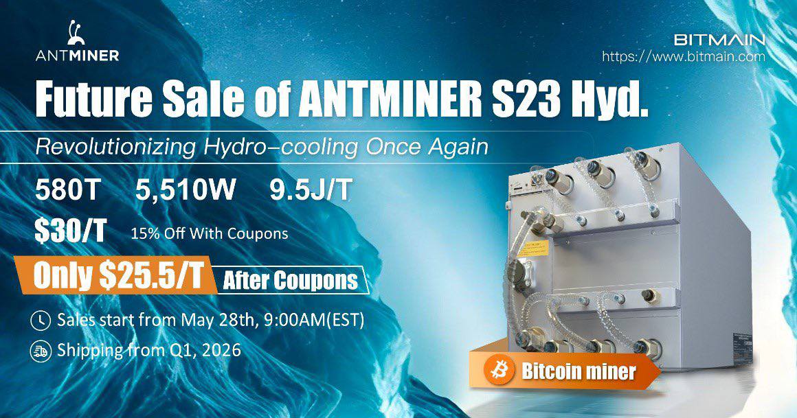 Bitmain представила флагман новейшей серии биткоин-майнеров Antminer S23 Hydro с заявленной энергоэффективностью 9,5 J/TH. Устройство с гидроохлаждением выдает хешрейт 580 TH/s при потребляемой мощности 5,51 кВт. Для ранних покупателей установки доступны по цене $30 за TH/s $17 400 , а с 15% купонной скидкой — $25,5. Продажи стартуют 28 мая, а поставки ожидаются в первом квартале 2026 года. Новости AI YouTube