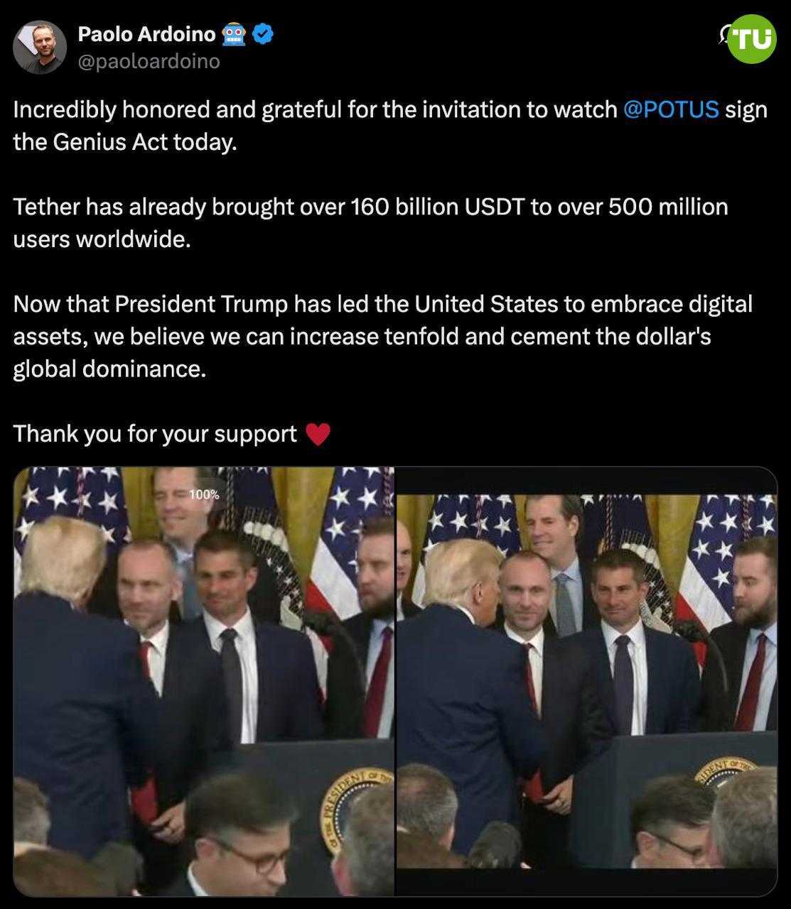 Глава Tether поблагодарил Трампа за поддержку и нацелился на рост Паоло Ардоино присутствовал на церемонии подписания Genius Act и заявил о важности шага США к легализации цифровых активов. Он отметил, что Tether уже распространил 160 млрд USDT среди 500 млн пользователей. Компания планирует увеличить охват в 10 раз и укрепить позиции доллара на глобальной арене.