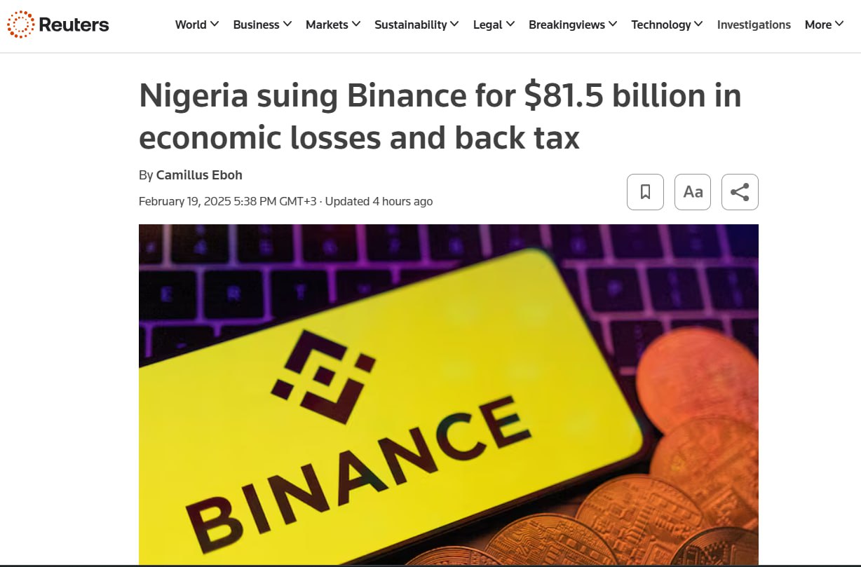 Власти Нигерии подали в суд на Binance — требуют выплатить $81,500,000,000 экономические убытки + налоги .