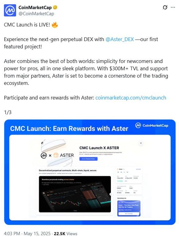 CoinMarketCap выходит на рынок раннего запуска токенов  Крупнейший криптоагрегатор CoinMarketCap представил свою платформу CMC Launch — лаунчпад для проектов на стадии до выпуска токена  pre-TGE .  Первым проектом стал Aster — децентрализованная perpetual-биржа с TVL более $300 млн, поддержкой YZi Labs и интеграцией с BNB Chain и Arbitrum.  #coinmarketcap #лаунчпад   CRYPTO LADY:   Youtube   Telegram   Twitter    TikTok  ТОРГУЮ на:   OKX  PrimeXBT   BYBIT   BingX