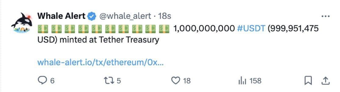 Tether только что выпустил 1 млрд долларов в USDT