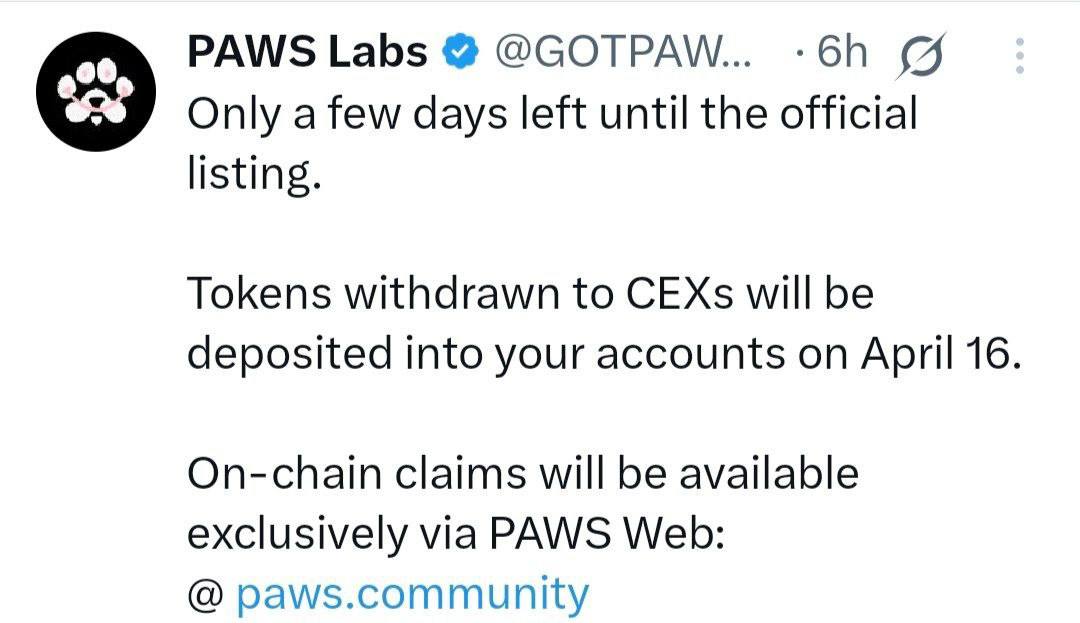 Наши токены PAWS будут на баликах 16 апреля Они выложили пост в Twitter, где сообщили, что все токены, которые мы выводили на биржи, поступят на аккаунты 16 апреля. Есть инфа что после листинга откроют вывод на фантом и потом уже сможем дать по стакану со всех акков. Crypto Полянка I CHAT