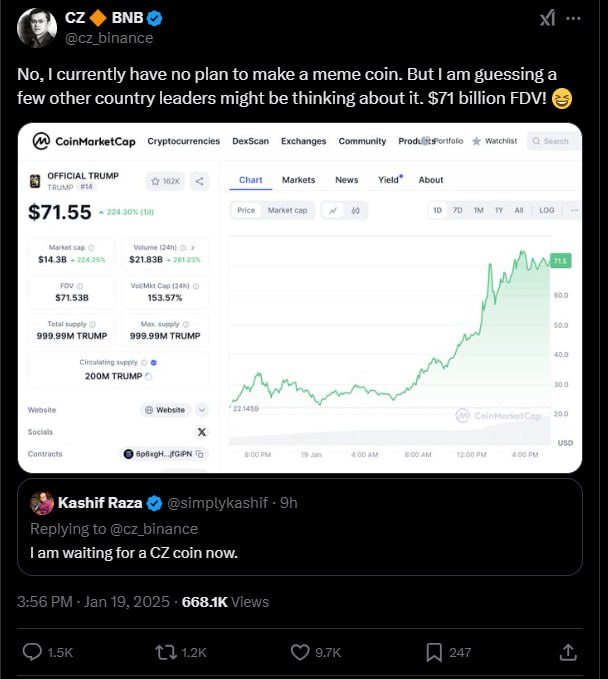 CZ опроверг слухи о запуске мем-токена, заявив, что это не в его планах. Однако другие мировые лидеры, возможно, решат повторить опыт Дональда Трампа.  Денни про крипту   Подписаться