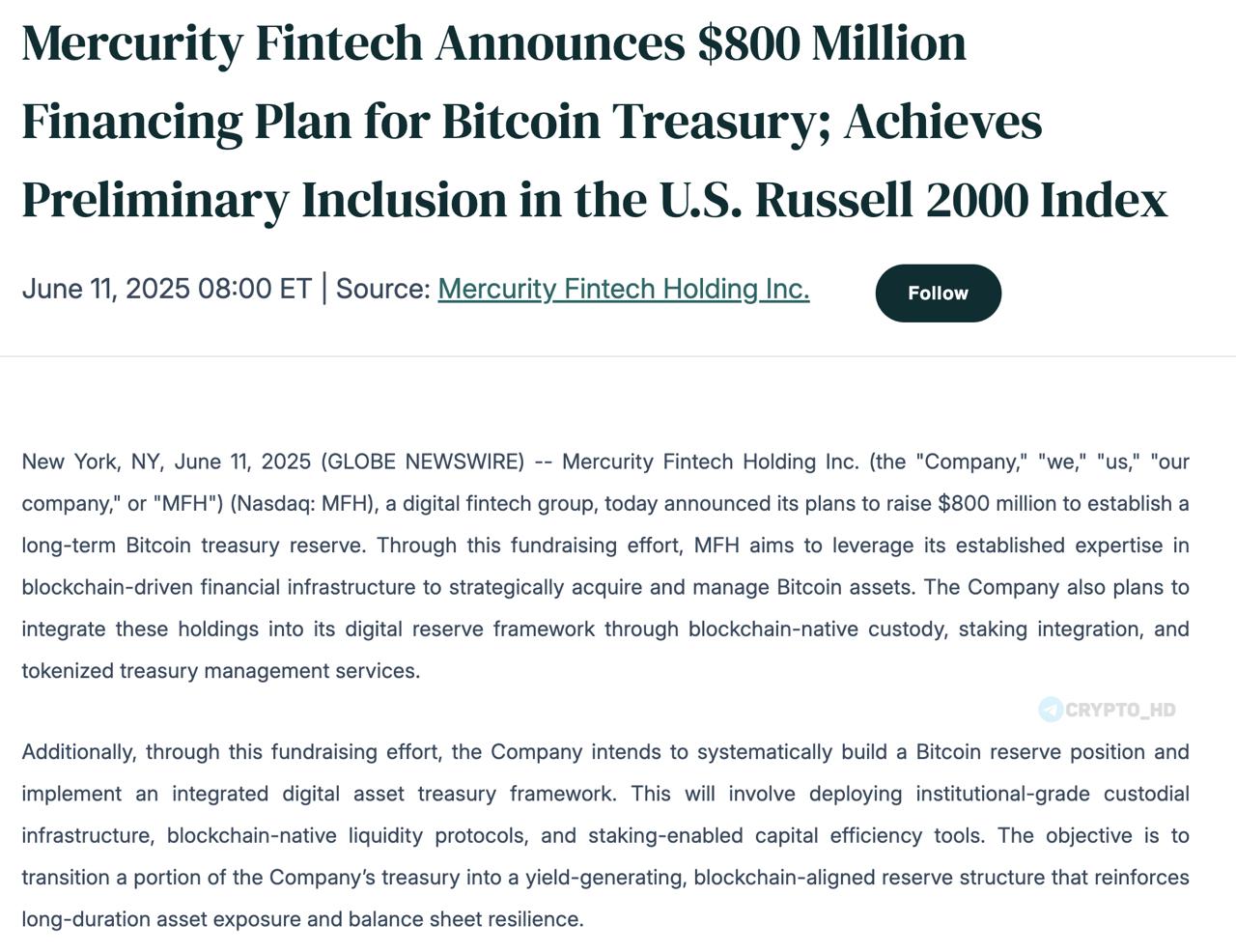 Компания Mercurity Fintech Holding Inc. намерена привлечь 800,000,000$ для инвестиций в Биткоин! - анонс «Мы создаем этот резервный фонд, основываясь на нашей вере в то, что Биткоин станет важнейшим компонентом будущей финансовой инфраструктуры» CEO Mercurity Fintech Holding Inc. MFH — цифровая финтех-компания, специализирующаяся на блокчейн-решениях, цифровых активах, инфраструктуре ИИ и высокопроизводительных вычислениях HPC , а также финансовых брокерских услугах. Компания сотрудничает с BitGo для институциональных услуг хранения активов и входит в Russell Microcap Index. Капитализация акций NASDAQ: MFH = $267,5m. Вчера: GameStop Crypto Headlines