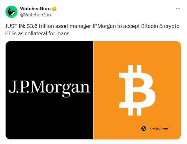 JPMorgan, управляющий активами на сумму $3,6 трлн, будет принимать #BTC и крипто ETF в качестве залога по кредитам И это не смотря на то, что их СЕО долгое время был против этого. Хорошая новость.