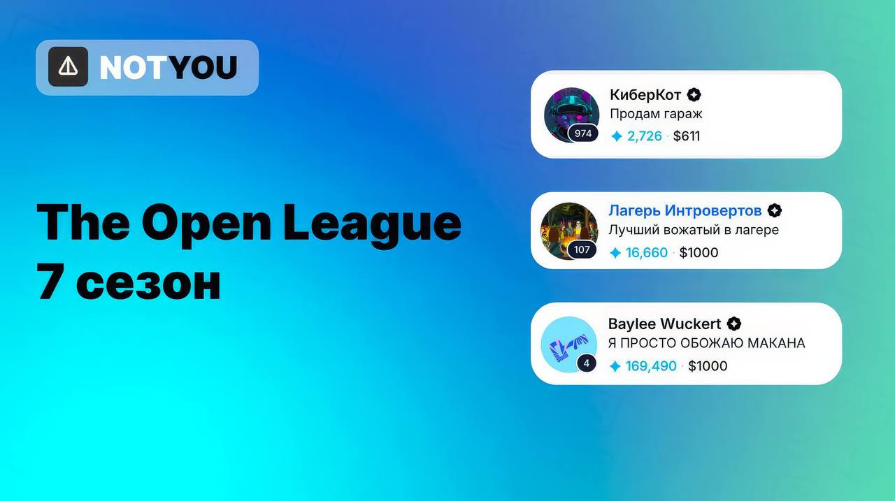 The Open League раздали новогодний дроп   Вчера завершился 7-новогодний сезон The Open League. Результаты можно посмотреть в лидерборде. Сегодня утром все вознаграждения были разосланы участникам, которые, мы думаем, были приятно удивлены.  В этом сезоне приняли участие почти 500 тыс. кошельков, а призовые составили $1,5 млн в TON  в 6 сезоне было $1,2 млн .  Первые 551 участников в топе получили по $1к. Кто-то, заняв 1700 место и набрав 1202 балла, получил $269 при затратах в $20, то есть х13.  Забавно, что находчивые лидеры топа, не растерялись и начали сдавать подписи в профиле в качестве рекламных мест  см. превью .  Из-за того, что награды подросли, а конкуренция ослабла, практически любой мог забрать $300-500 в этом сезоне за элементарные действия. Например, поторговать и поставить ликвидность на DEX.  Неплохой дроп на Новый год. И пока ждем следующий сезон  обычно через пару недель - месяц , делитесь, кто сколько залутал?