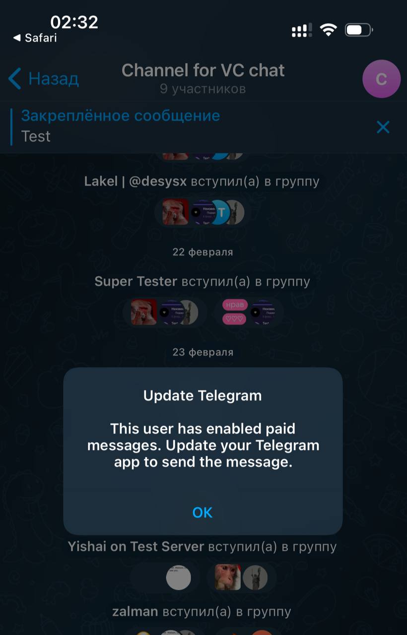 На тестовом сервере в групповых чатах тестируют " платные сообщения". Что бы это ни значило.  Этот пользователь включил платные сообщения. Обновите приложение Telegram, чтобы отправить сообщение.