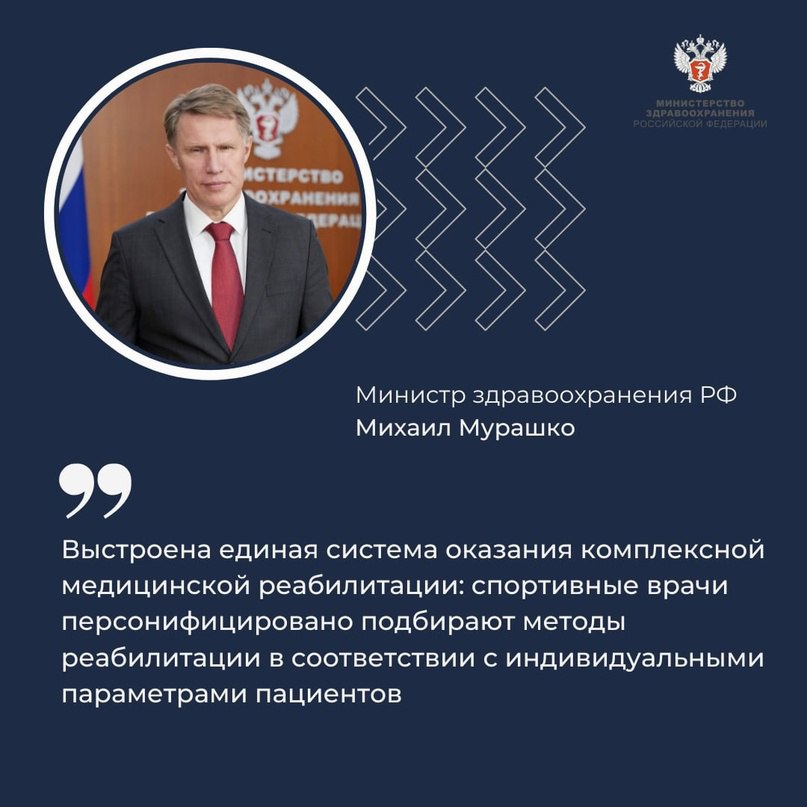 Минздрав России VK Михаил Мурашко: Спортивная медицина становится доступнее, а спорт – безопаснее Министр здравоохранения РФ Михаил Мурашко направил приветствие гостям, участникам и организаторам XIV Всероссийского конгресса «Медицина для спорта 2025». По словам министра, 65 регионов страны при активном участии Минздрава России уже сейчас успешно реализуют стратегию развития врачебно-физкультурной деятельности и спортивной медицины. — Чеченская Республика вошла десятку субъектов страны – лидеров, которые первыми представили проекты Стратегий для согласования с Минздравом России. На территории Чеченской Республики существует развитая структура кабинетов спортивной медицины, которые открыты в каждом районе, — отметил Михаил Мурашко заслуги принимающего конгресс региона. Всего в регионах страны действуют 105 врачебно-физкультурных диспансеров и центров спортивной медицины, а также 50 их филиалов, 89 отделений и 343 кабинета спортивной медицины. И их число растет. Сегодня спортивные врачи на постоянной основе подбирают персонифицированные методы медицинской реабилитации, что особенно актуально для спортсменов. — Минздрав России реализовал возможность получить на портале Государственных Услуг медицинское заключение об отсутствии противопоказаний к занятию спортом. Справка в электронном виде формируется на основе данных о результатах диспансеризации или профилактического медицинского осмотра, что также упрощает привлечение к занятию спортом, — поделился Михаил Мурашко. Министр отметил, что отказ от курения, алкоголя, а также регулярные занятия физической культурой позволяют до 10 лет увеличить ожидаемую продолжительность жизни у мужчин.