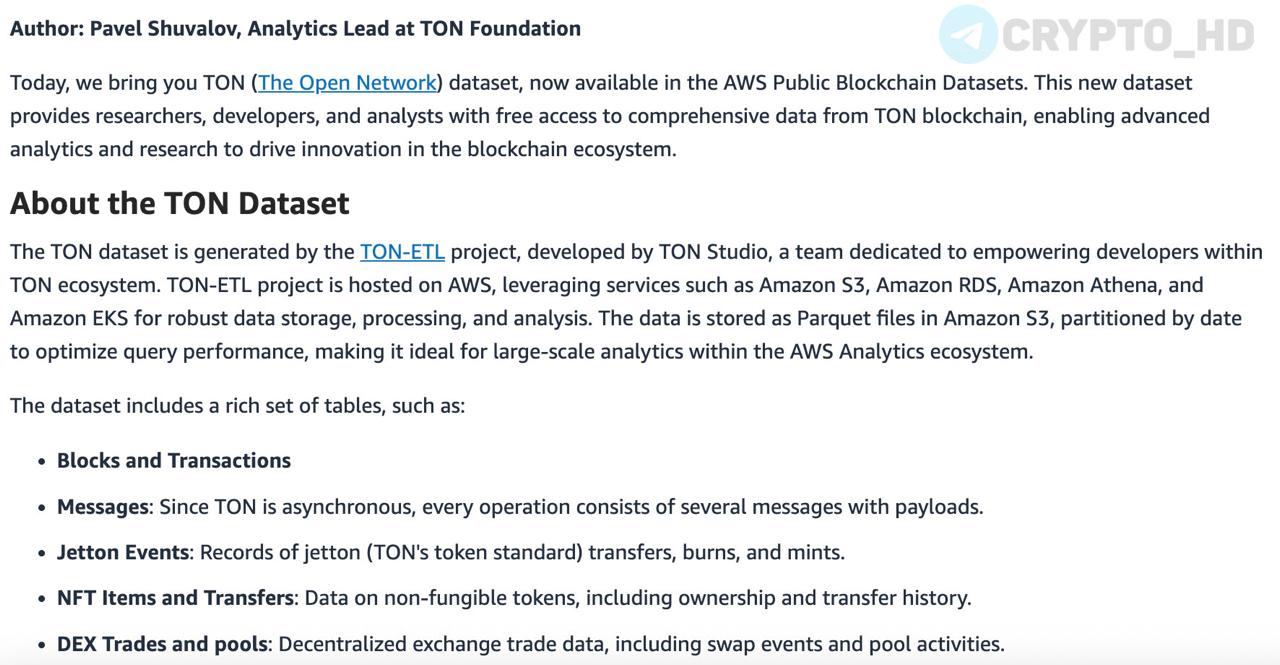 #TON В Amazon Web Services  AWS  интегрировали блокчейн TON – анонс  Данные TON доступны в открытом реестре AWS – разработчики и аналитики могут изучать транзакции блокчейна напрямую через инструменты AWS  Athena, SageMaker и др. , без необходимости поднимать собственный нод.  Ранее: - резерв Verb Technology - юзернейм за $25m - Telegram Wallet в США - Snoop Dogg и Telegram   Crypto Headlines