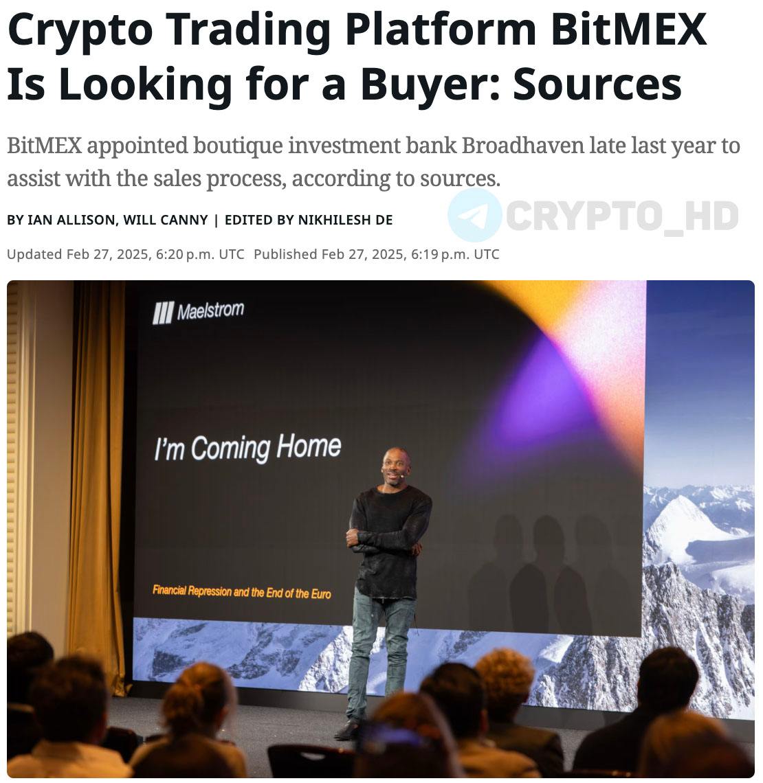 #инсайд   Криптобиржу BitMEX собираются продать – coindesk  В конце прошлого года представители BitMEX обратились к инвестиционному банку Broadhaven Capital Partners с просьбой помочь с процессом продажи.  Crypto Headlines