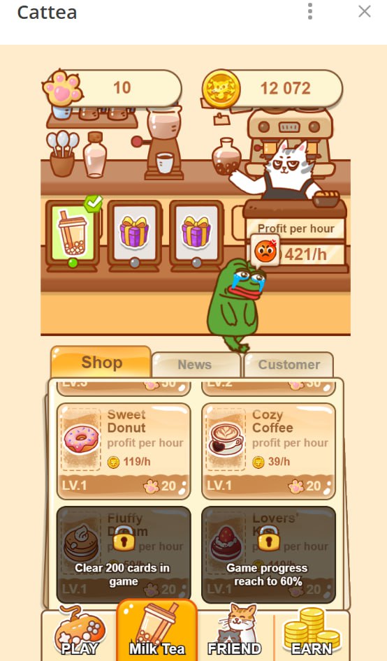 #Cattea Новая игра от Catizen: Cattea — первая в мире игра «Пей и зарабатывай», сочетающая увлекательный игровой процесс «три в ряд» с реальными магазинами чая с пузырьками, создавая уникальный опыт «зарабатывай, потягивая». До 75% токенов выделено на AirDrop! Игра «три в ряд» + механика пассивного заработка через покупку карточек. Ранее разработчики Catizen раздали неплохой дроп донатерам в их первом проекте, так что если вы не просто играете в игры, но и донатите, можно заходить и сюда. Сегодня, 26 декабря, стартовала бета-версия проекта, так что заходим на самом старте! Зайти в Cattea можно по ссылке. ——————————— How to enable a translator in Telegram to read foreign channels? Watch here.