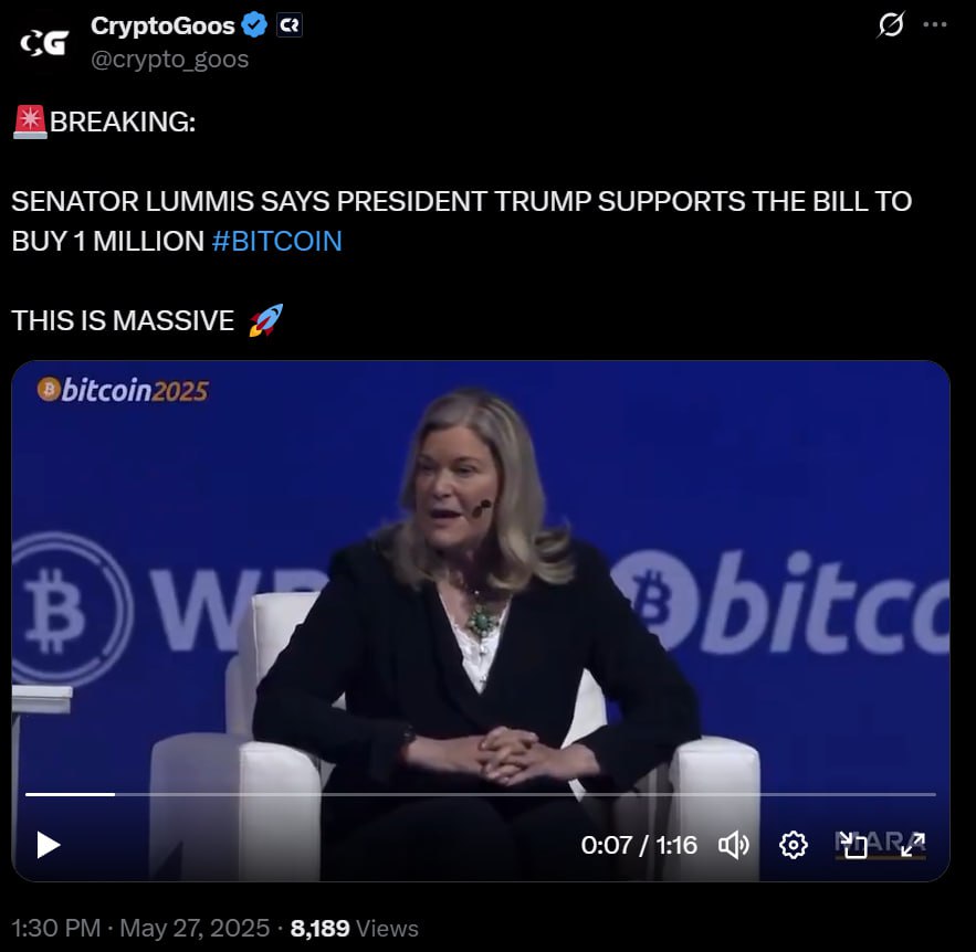 Законопроект по BTC выходит на финишную прямую Сенатор Синтия Ламмис подтвердила, что администрация Трампа готовит исторический законопроект о создании стратегического резерва биткоина. Вот ключевые тезисы: Главные заявления Ламмис Поддержка Трампа: Президент официально одобрил инициативу о покупке 1 млн BTC ≈5% от общего предложения для госрезерва. Средства будут перераспределены из фондов ФРС и Минфина без дополнительной нагрузки на налогоплательщиков Секретный резерв США: Правительство уже владеет ~200 000 BTC, но данные засекречены после внутренней аудиторской проверки по требованию Белого дома План закупок: Покупка будет вестись 5 лет — по 200 000 BTC ежегодно. Активы разместят в защищённых децентрализованных хранилищах под управлением Минфина Администрация работает над тремя законами в порядке приоритета: Стейблкоины GENIUS Act уже прошёл комитет Сената Структура рынка аналог FIT21 для вторичного рынка Биткоин-резерв Bitcoin Act Голосование по Bitcoin Act ожидается на следующей неделе. GENIUS Act может быть принят до июля 2025 года Если Когда Bitcoin Act пройдет, это станет точкой невозврата: криптовалюта превратится из «спекулятивного инструмента» в базис финансовой системы США