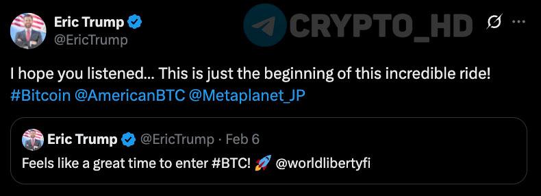 Эрик Трамп верит в рост Биткоина twitter «Надеюсь вы послушали меня в феврале ...Это только начало невероятного пути!» Crypto Headlines