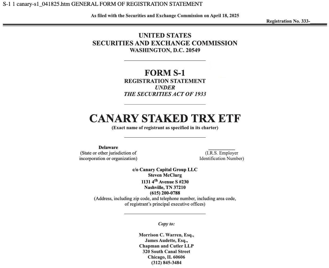 Компания Canary Capital подала заявку в SEC на запуск Tron ETF с функцией стейкинга CRYPTO GUYS