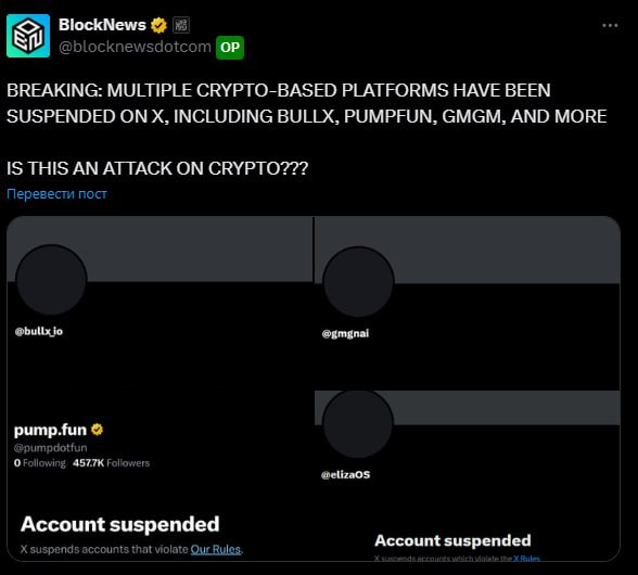 Твиттер-аккаунт Pump Fun заблокирован Произошла массовая блокировка, затронувшая многие проекты и платформы, связанные с мемкоинами. В числе заблокированных аккаунтов оказались Pump Fun, BULLX, GMGM, Eliza и другие. Вероятно, Илон Маск стремится официально положить конец тренду на мемкоины