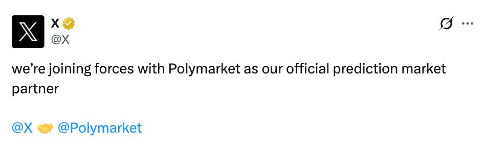 X он же Twitter выбрали Polymarket официальным партнёром по рынку прогнозов