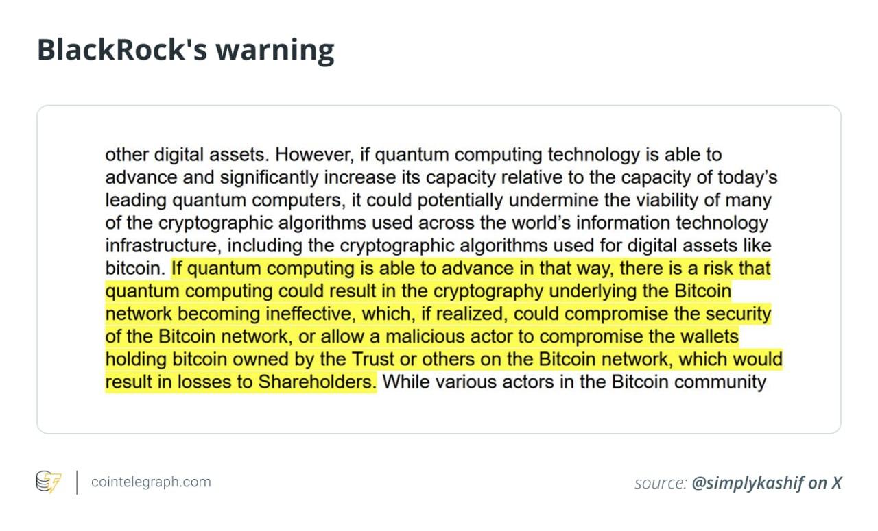 BlackRock: квантовые технологии — угроза BTC В отчёте по BTC-ETF заявили: квантовые машины смогут взламывать криптографию Биткоина и всей цифровой инфраструктуры. Появление — через 10–20 лет. Под угрозой вся криптоэкосистема.