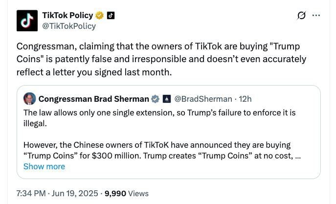 TikTok опроверг покупку токенов TRUMP на сумму 300 миллионов долларов на фоне обвинений конгрессмена Брэда Шермана, назвав эти утверждения «явно ложными» и «безответственными».