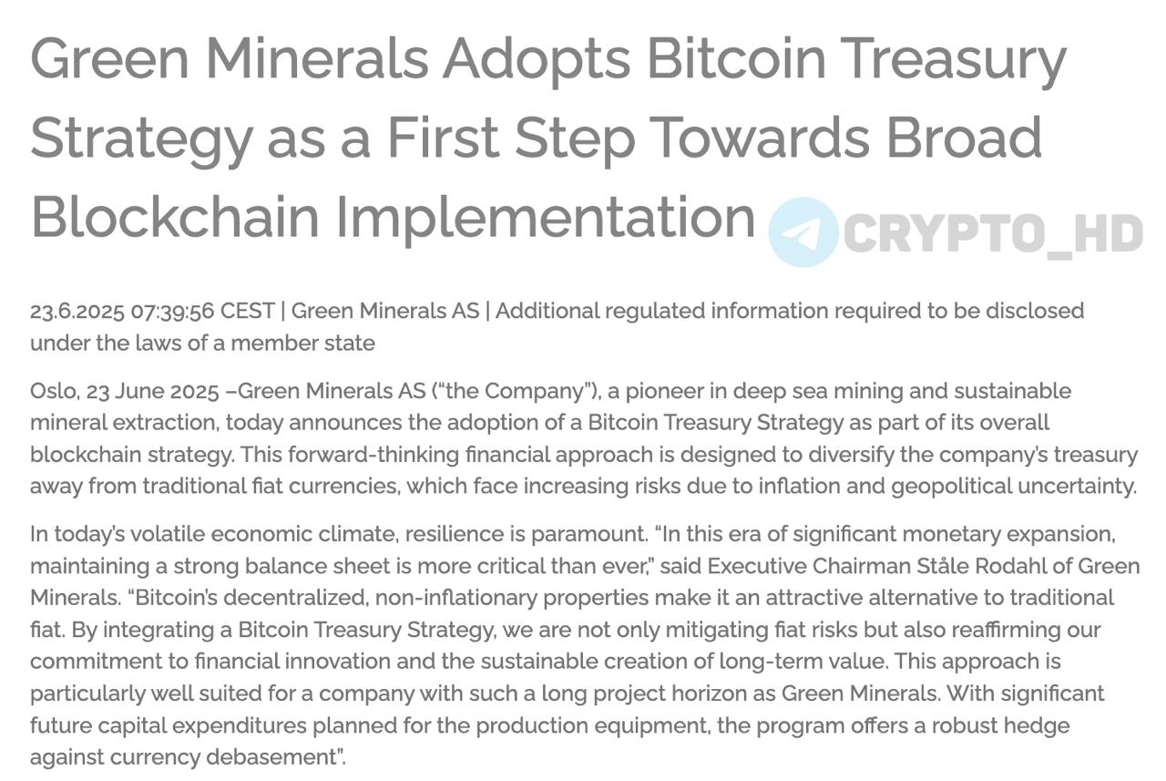 В Green Minerals закупят Биткоин на 1,200,000,000$! Норвежская компания планирует создать BTC-резерв и привлечь 1,200,000,000$ для покупки Биткоина! Цель — хедж от инфляции и девальвации фиата. Ранее: GameStop Crypto Headlines