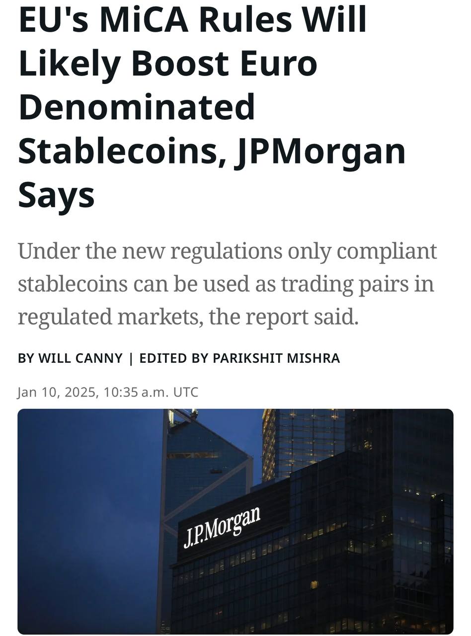 JPMorgan прогнозирует, что правила ЕС MiCA, вероятно, способствуют увеличению объема стейблкоинов, номинированных в евро.  Оставайтесь в курсе последних новостей вместе с