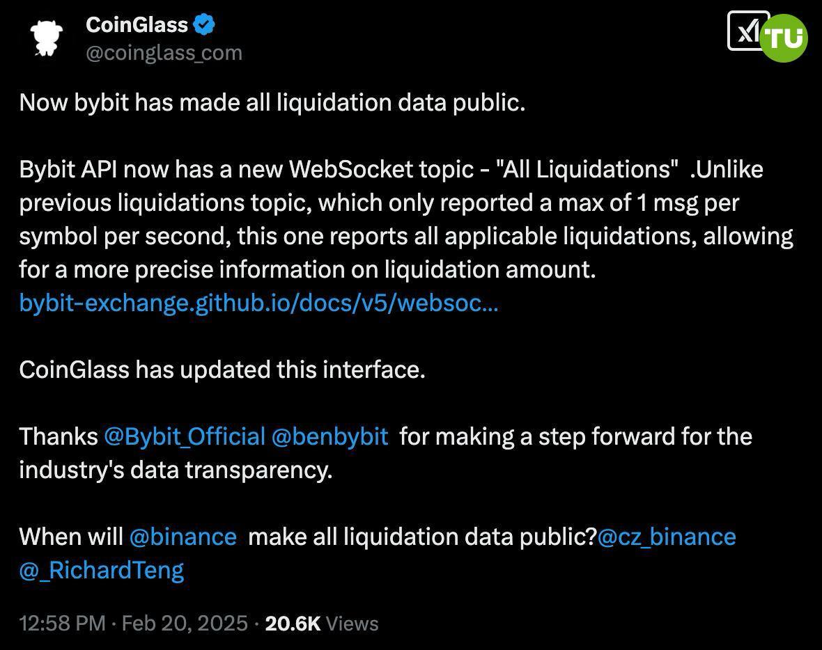 Bybit открывает данные о ликвидациях  Еще 3 февраля появились сообщения о том, что реальные объемы ликвидаций намного больше чем те, о которых сообщает CoinGlass.   Криптобиржа Bybit сегодня добавила раздел, где видна информация о всех без исключения ликвидациях.  Тепер ждем подобного интерфейса от Binance и других бирж.