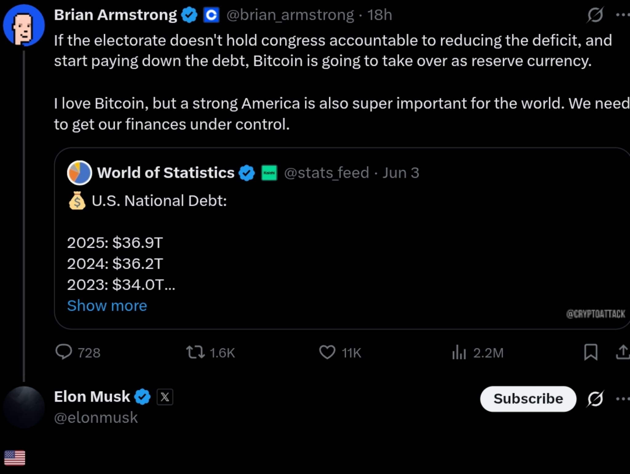 Илон поддержал пост CEO Coinbase, который заявил, что #BTC может стать следующей мировой резервной валютой.
