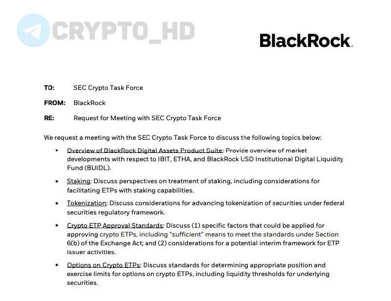 Представители SEC и BlackRock провели встречу с целью обсуждения криптовалюты документ Темы: функция стейкинга в крипто-ETF, токенизация активов, стандарты одобрения крипто-ETF и опционы на крипто-ETF. Crypto Headlines