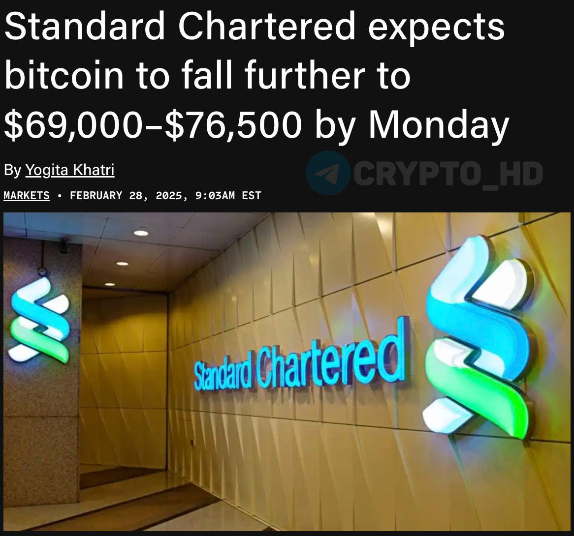 #мнение   Аналитики Standard Chartered ожидают коррекцию Биткоина до 69,000-76,500$ к понедельнику!  TheBlock   Crypto Headlines