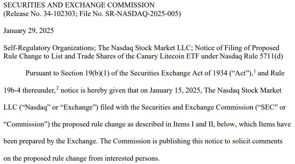 SEC приступила к рассмотрению заявки фонда Canary на запуск Litecoin ETF, приняв заявку Nasdaq по форме 19b-4s. Регулятор инициировал сбор общественных комментариев.   Решение должно последовать в течение 240 дней. Пока что у Litecoin-фонда самые высокие шансы запуститься первым среди альткоинов.  Накануне биржа Cboe подала в SEC формы 19b-4s на листинг Solana ETF от 21Shares, VanEck, Canary Capital и Bitwise.