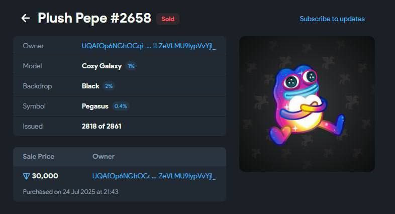 Подарунок в телеграм з 25$ до 100 000$   На аукціоні в Telegram продали NFT-подарунок Plush Pepe Cozy Galaxy на чорному фоні за 30 000 TON  ~100 000$  а в січні криптан купив його всього за 25$
