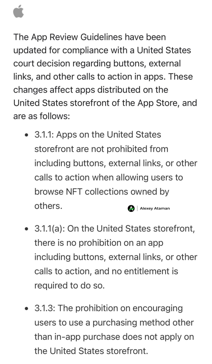 Apple интегрирует крипто платежи Но такой функцией в новом обновлении, смогут воспользоваться только в США. Приложения смогут принимать криптовалютные платежи, а не проходить через магазин приложений Apple с 30% комиссией . Мобильные приложения для торговых площадок NFT позволят покупать/продавать NFT ранее нельзя было покупать напрямую . Но всё равно нужно будет пройти KYC, чтобы купить крипту. Ataman Чат Circle 1% Bybit BingX