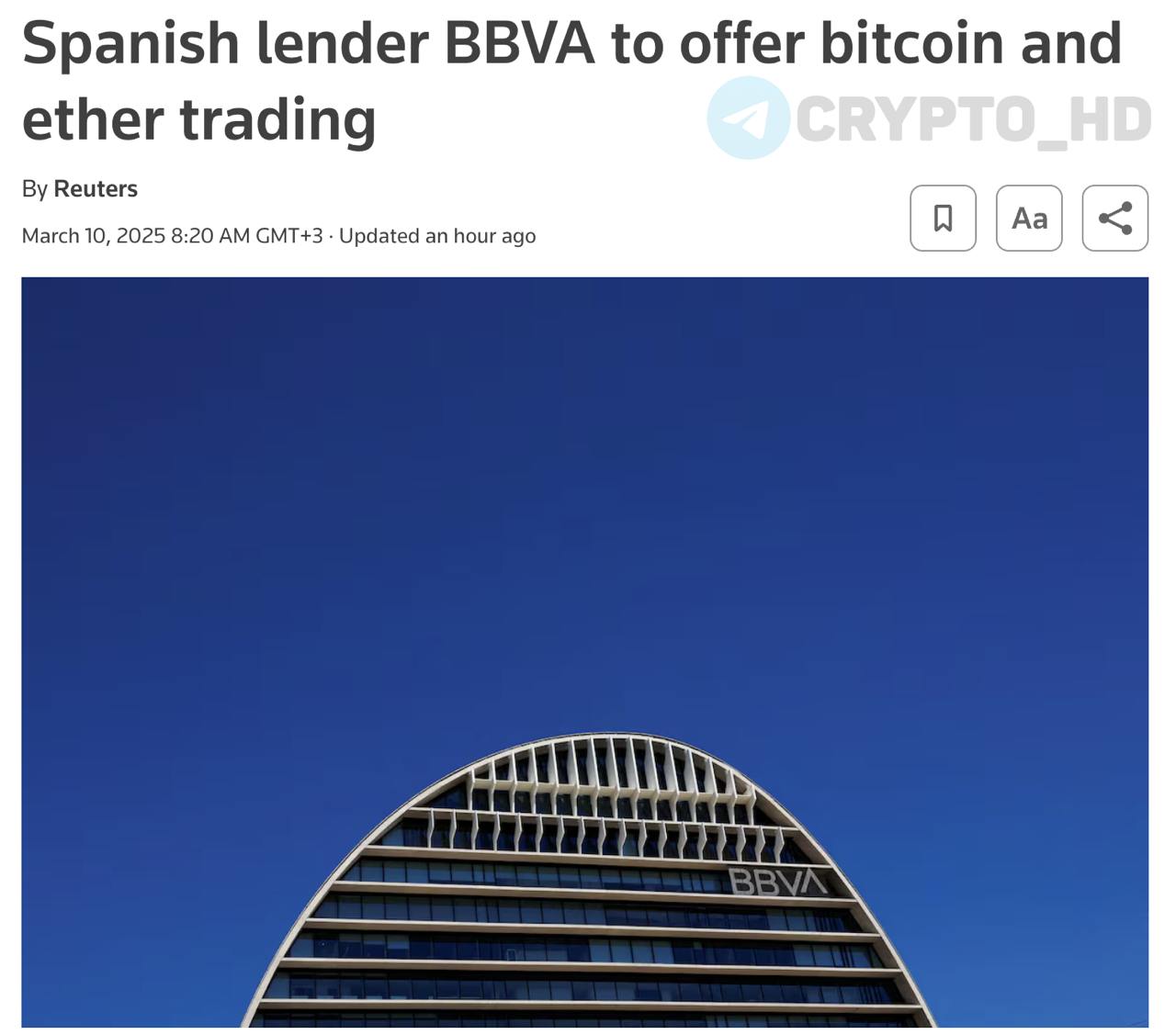 Крупнейший испанский банк BBVA начнёт торговать BTC и ETH - Reuters  Финансовый гигант Banco Bilbao Vizcaya Argentaria  BBVA  получил официальное разрешение регулятора на торговлю Bitcoin и Ethereum. Клиенты банка смогут безопасно покупать, продавать и проводить операции с криптовалютами прямо в приложении.  Ранее: стейблкоин в партнертсве с Visa  Crypto Headlines