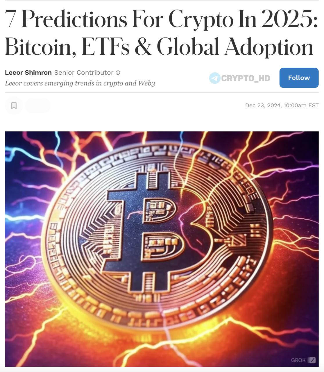 #мнение   Прогнозы от Forbes на 2025 год:  ⊹ Страны G7 или БРИКС создадут BTC-резервы.  ⊹ Капитализация рынка криптовалют превысит 8,000,000,000,000$.  ⊹ Капитализация стейблкоинов превысит 400,000,000,000$, увеличившись вдвое с 2024 года.  ⊹ Семь крупнейших технологических гигантов США создадут BTC-резервы.  ⊹ Запуск различных криптовалютных ETF.  ⊹ Блокчейны Layer-2 cети Bitcoin будут способствовать росту децентрализованных финансов  DeFi .  ⊹ США вернут себе позицию мирового центра криптовалют.  original   Ранее: - Matrixport - BlackRock - Bitwise - Bitcoin Suise и VanEck  Crypto Headlines