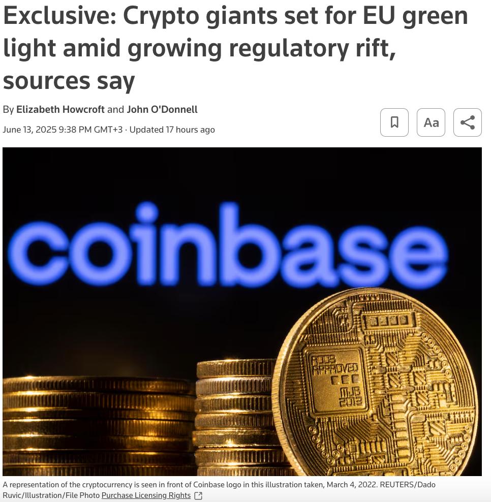 Gemini и Coinbase выходят на панъевропейскую арену — через Мальту и Люксембург По данным Reuters, биржи готовятся получить лицензии MiCA, дающие зелёный свет работе сразу во всех 27 странах ЕС. MiCA — это общий регламент для крипты в Европе, и теперь все бегут за «паспортом» доступа к общему рынку. OKX и Crypto․com уже получили такие лицензии через Мальту, но их скорость вызвала вопросы: успевает ли регулятор вообще проверять проекты? ESMA уже начала аудит мальтийского процесса и скоро опубликует отчёт. На фоне этого хода Gemini и Coinbase выглядят как большие игроки, решившие зайти красиво — через страны с более весомой репутацией. Европа входит в фазу лицензий.