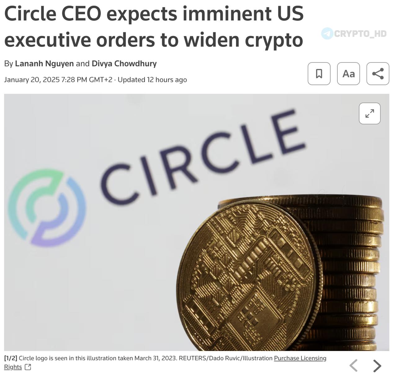 CEO Circle Джереми Аллер ожидает, что Дональд Трамп в ближайшее время подпишет указы, которые позволят банкам:  - Торговать криптовалютой - Предлагать криптовалютные инвестиции состоятельным клиентам - Держать цифровые активы в своих портфелях  Аллер также призвал отменить правило бухгалтерского учета «SAB 121».  reuters   Crypto Headlines