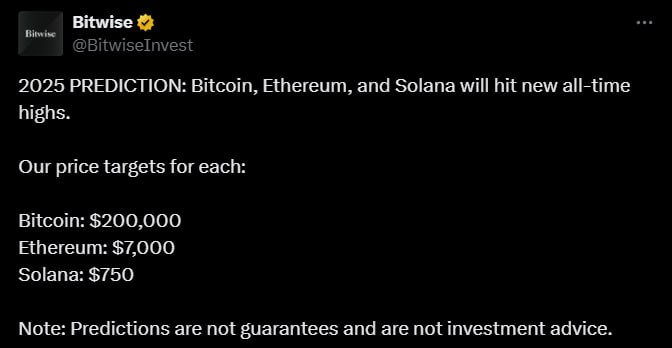 BitWise прогнозирует иксы   Эмитент Bitcoin ETF считает, что в 2025 году     BTC достигнет $200к   ETH пробьет $7к   SOL долетит до $750    Что думаете, сможем?  Crypto