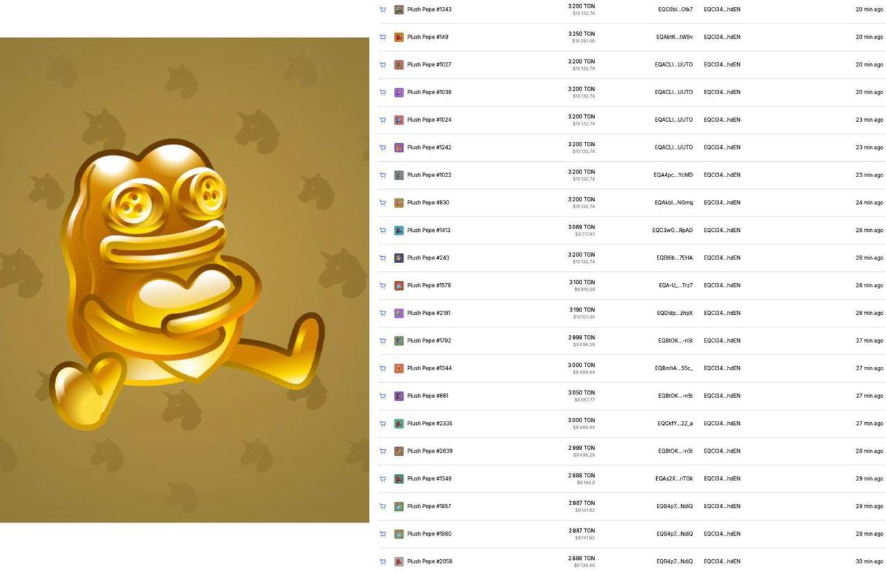 Plush Pepe продолжают скупать Ночью очердной кит выкупил 21 pepe с getgems за 64 805 TON ~$200 000 . Также забрали монохром Midas Pepe стоимостью 11 800 TON ~$36 000 TON WORLD OG TON Трейдинг бот MRKT