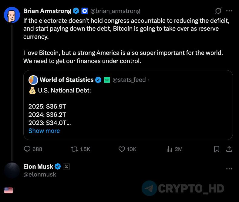 Илон Маск поддержал пост CEO Coinbase – Биткоин способен стать следующей мировой резервной валютой twitter Crypto Headlines