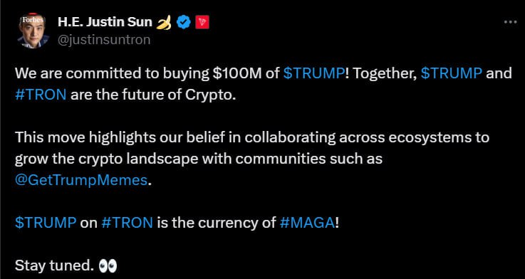 Джастин Сан инвестирует $100 млн в $TRUMP Знаете, почему основателя Tron не ждет судьба основателя Binance? Потому что он знает, куда правильно инвестировать