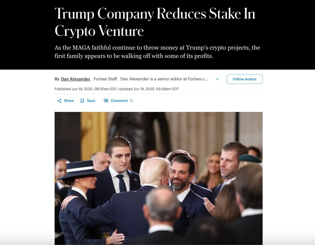 СМИ: Trump Organization снизила свою долю в DeFi-проекте WLFI с 60% до 40%   После продажи доли в бизнесе семья Трампа заработала примерно $190 млн, из которых примерно $135 млн приходятся на личную прибыль Дональда Трампа.  Новости криптовалют