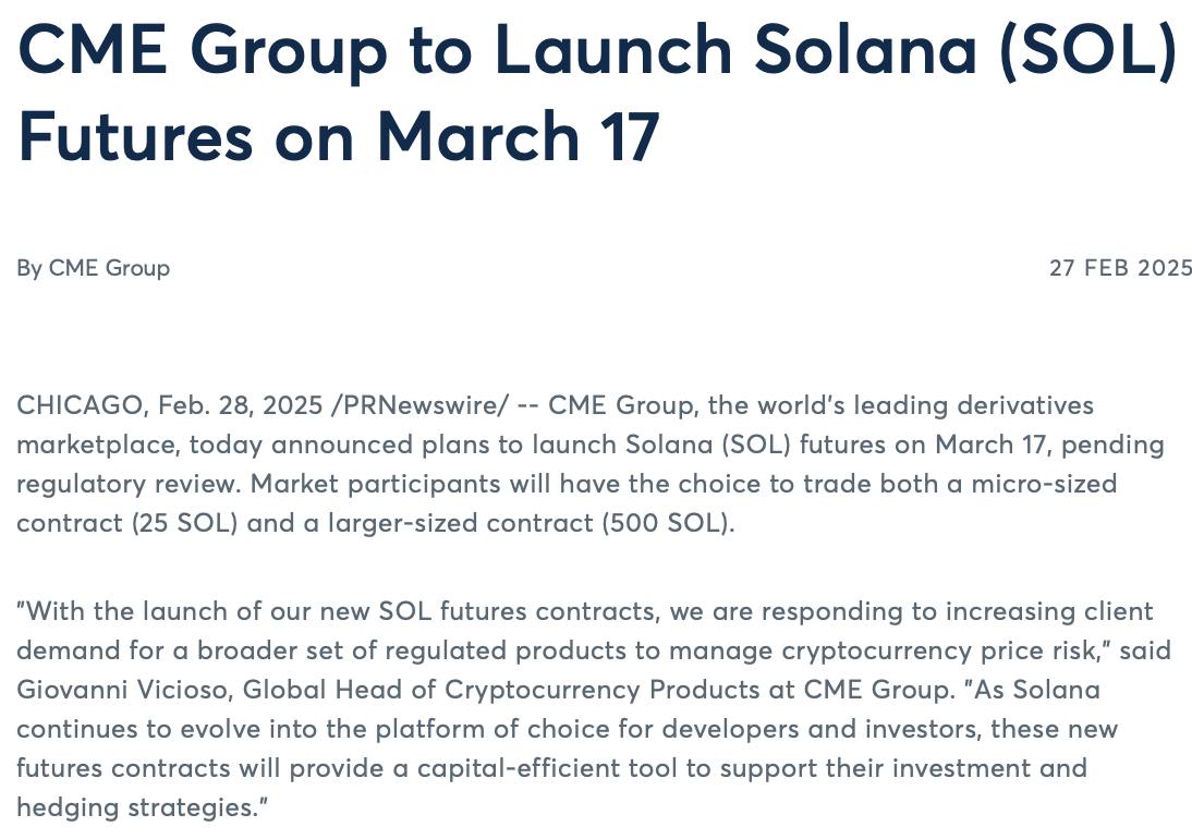 CME Group объявила о запуске фьючерсов на Solana  SOL  17 марта. Будут доступны как стандартные, так и микро-контракты.   Крипто ТВ