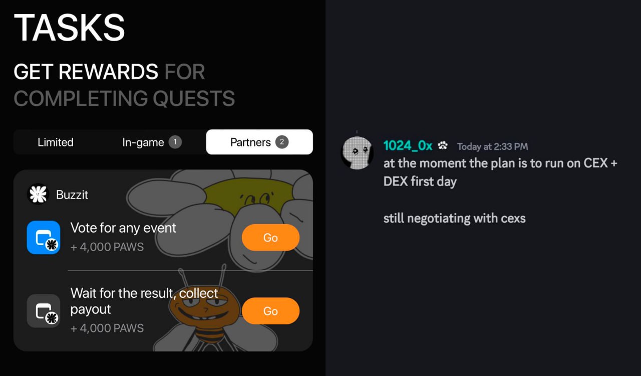 PAWS подтвердили листинг на CEX биржах!  Про какие конкретно биржи идёт речь пока не ясно — так как переговоры ещё ведутся.   И ещё, они планируют залистится на CEX и DEX биржах сразу же в первый день  передаю привет $PX     Также не забываем про выполнение последнего задания в разделе «Partners» — награда 8.000 $PAWS   — Накидаем им огней за эту активность?