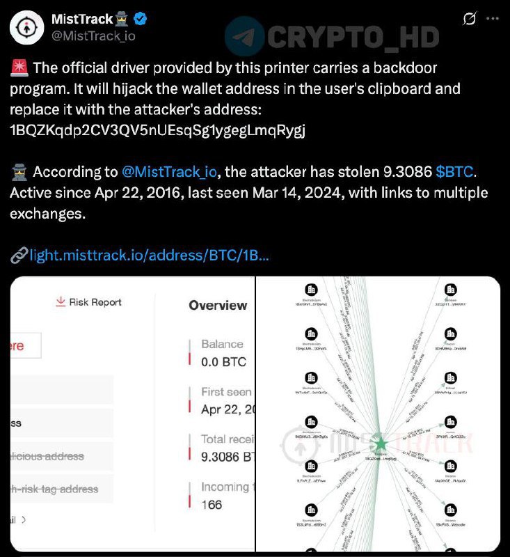 #скам #взлом   Предупреждение: обнаружено вредоносное ПО для кражи BTC в драйверах китайских принтеров Procolored.  Китайский бренд Procolored  специализируется на УФ-принтерах для печати на кружках, футболках и т.д.  распространял вирус через официальные драйверы.  Украдено более 950,000$ – вирус заменял криптокошельки в буфере обмена на адреса злоумышленников.  Если ставили их ПО: проверьте устройство антивирусом или переустановите систему.  Procolored заявила об удалении зараженных файлов 8 мая. Вредонос был обнаружен в драйверах на MEGA  загружены с октября 2023 года .  Crypto Headlines